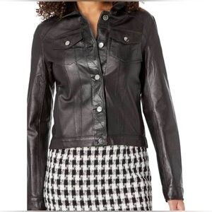 JKT NYC Black Genuine Leather Cropped Jacket Medium Snap Front Moto Fitted